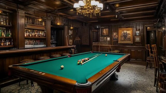 Elegant billiards room with green felt table, bar, and wooden charm.