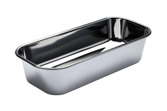 Sleek stainless steel rectangular baking pan perfect for loaf cakes or casseroles reflecting on transparent background