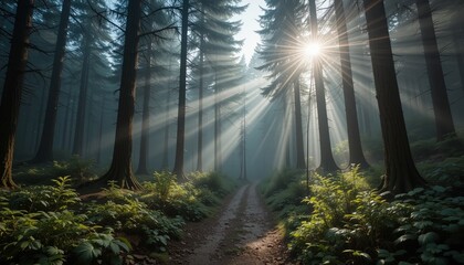Naklejka premium Exploring the tranquil forest pathway enchanted woods nature photography sunlight rays serene environment captivating perspective