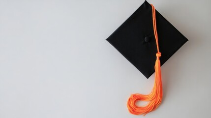 An overhead view of a graduation cap centered on a white background, the tassel perfectly positioned to the right, symbolizing success and celebration.