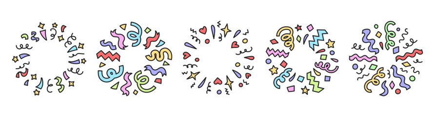 Radial hand drawn confetti. Celebration burst borders, doodle confetti explosion frames, round fireworks wreaths with colorful streamers, stars hearts and geometric shapes. Festive circles vector set.