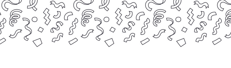 Doodle confetti border outline. Party pattern divider with doodle streamers and hand drawn ribbon shapes. Falling confetti line art footer or header vector background.