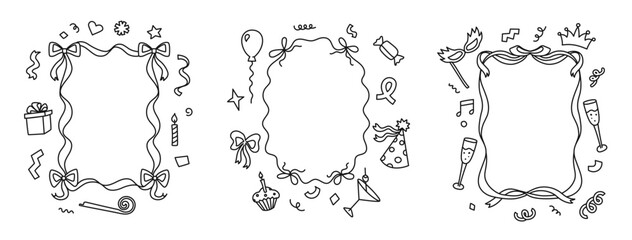 Hand drawn party frames. Doodle celebration border outlines with ribbons, gift boxes, line art bows, confetti and party elements. Birthday invitation vertical frame templates vector set.