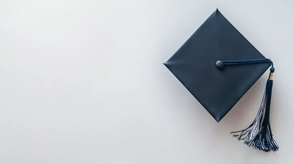 An overhead view of a graduation cap centered on a white background, the tassel perfectly positioned to the right, symbolizing success and celebration.