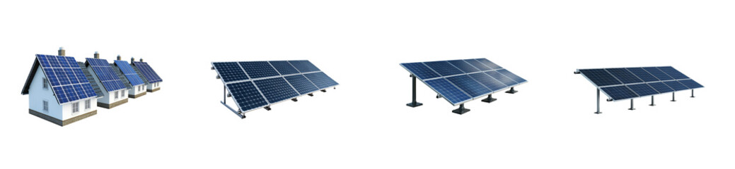 Various solar panel designs for houses, efficiency, cut out transparent
