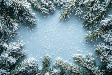 Winter holiday background with pine branches frame on white rustic wooden planks and soft snowfall minimal design