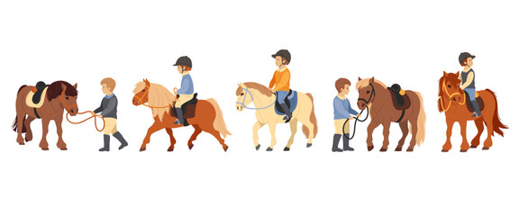 Kids pony riding. Children learning horse riding, boys and girls with small horses. Cute cartoon characters in equestrian helmets leading and riding ponies. Horseback riding school vector set.