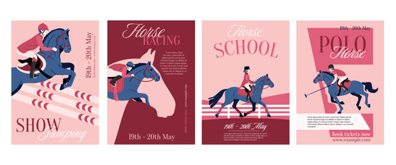 Equestrian sport posters. Horse riding event flyers, show jumping, racing and polo tournament banner templates. Equestrian school advertisement posters with riders, horses and text space vector set.