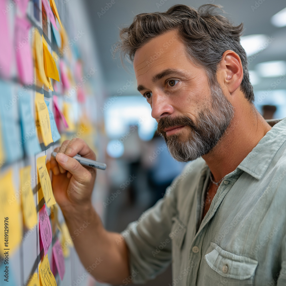 Poster in a modern office setting, a focused worker engages with sticky notes on a kanban board, illustrati