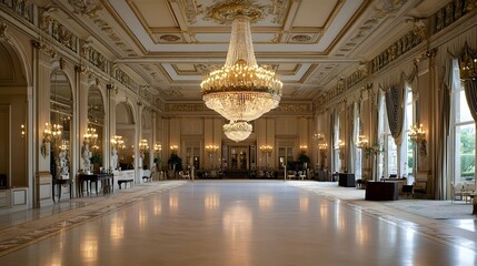 Fototapeta premium Majestic crystal chandelier with intricate gold accents hanging gracefully in an elegant ballroom casting a warm glowing light and adding a touch of luxurious ambiance to the space