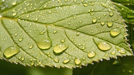 Fototapeta premium Dew-kissed leaf surface. Close-up view of a vibrant green leaf, covered in glistening water droplets. The intricate vein structure of the leaf is clearly visible