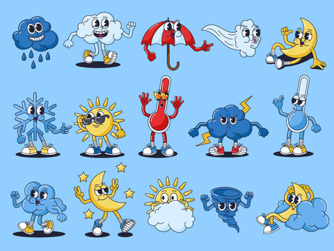 Retro cartoon weather characters. Groovy forecast mascots, vintage 30s animation style weather symbols. Funny cloud, sun, moon, snow, wind, thermometer, storm, tornado character vector set.
