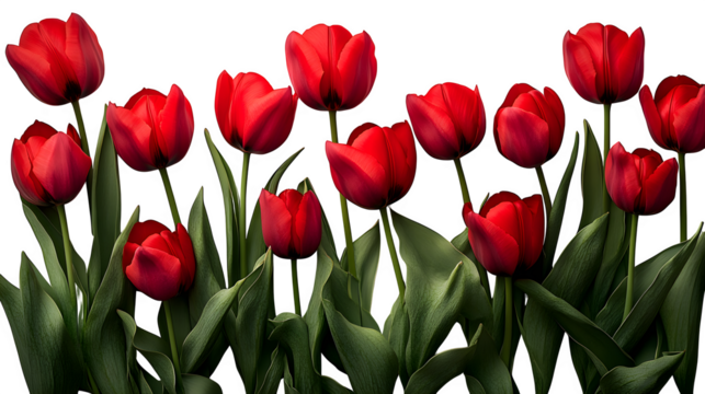 Red tulips placed at the lower border of the frame, clean white background, elegant composition