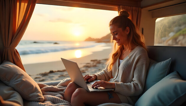 Smiling woman works on a laptop in a camper van, watching the beautiful ocean sunset. - Powered by Adobe