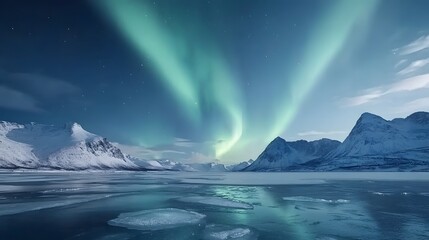 Naklejka premium The aurora borealis shimmers and dances in an ethereal display of color and light casting a mesmerizing neon reflection across the frozen river below