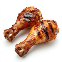 Two grilled chicken drumsticks with a crispy, golden brown skin