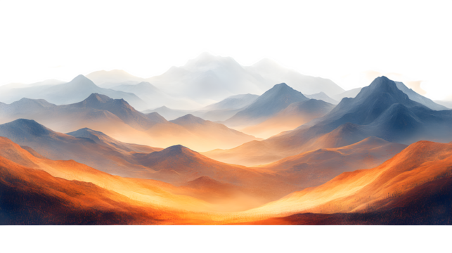 Rolling mountain landscape scene in natural tones, isolated on white background