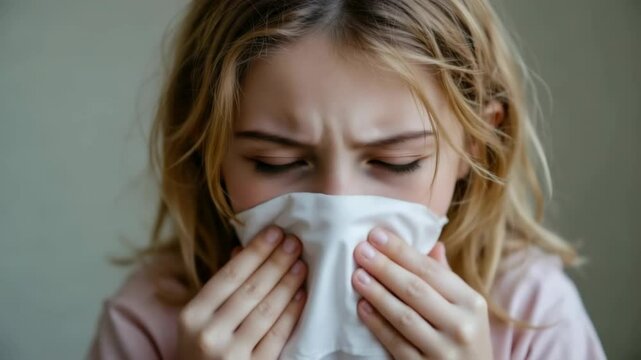 Child sneezing into tissue, hygiene and germ prevention, everyday viral transmission scene, child's infection irregularities concept, Generative AI.