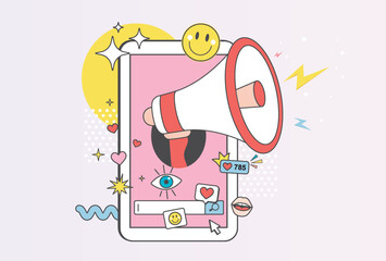 Modern halftone collage with smartphone and loudspeaker, dissemination news and advertising. Concept of engagement, content popularity, content promotion.