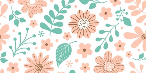 Delicate Floral Pattern in Soft Peach and Teal