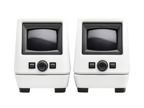 Pair of Retro-Styled Mini CRT Monitors: Vintage Computer Aesthetic, Nostalgia, 80s Technology, Classic Design, White and Black