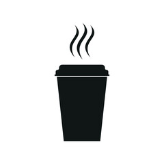 Black silhouette of a takeaway coffee cup with steam lines. Simple icon for cafe menus, coffee related apps, websites, or branding materials. Clean and minimal design.