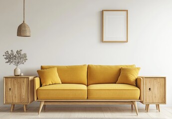 Modern living room with mustard yellow sofa and light wood furniture