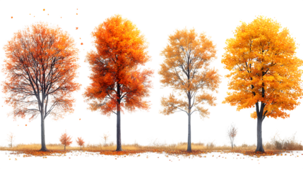 Set of autumn trees with orange and yellow leaves in different positions isolated on white background