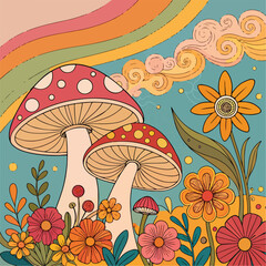 Obraz premium Colorful groovy mushrooms and flowers illustration 