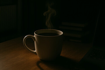 Hot Coffee in Dim Light with Rising Steam on Wooden Table