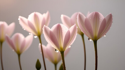 Fototapeta premium Elegant pink blossoms covered in moisture, glowing under tender, natural soft light in a tranquil setting