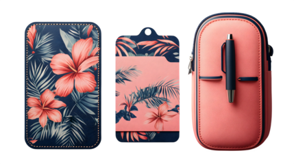 Set of colorful travel luggage tags, boarding pass, and a pen with tropical pattern, realistic shadowing on white