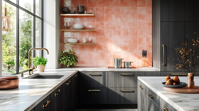 A modern kitchen with charcoal gray cabinetry and coral pink tile backsplash, marble countertops and brass fixtures, sunlight beaming through nearby window, warm and contemporary style.