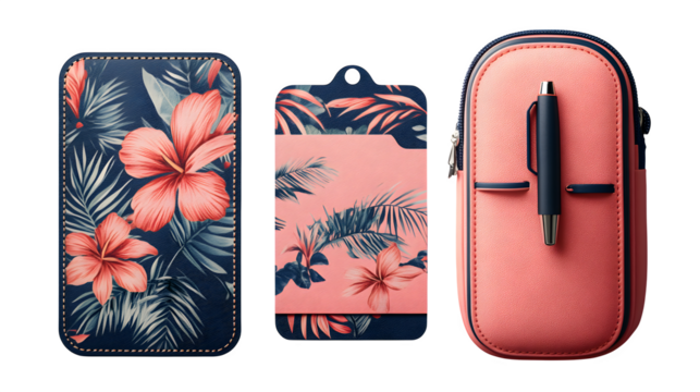 Set of colorful travel luggage tags, boarding pass, and a pen with tropical pattern, realistic shadowing on white - Powered by Adobe