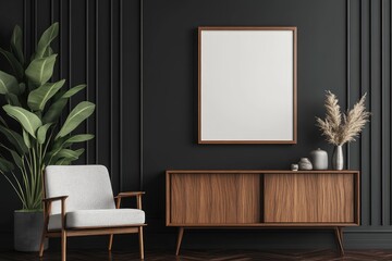 A white armchair sits in front of a wooden cabinet with a framed poster above, all against a black wall with vertical wood paneling