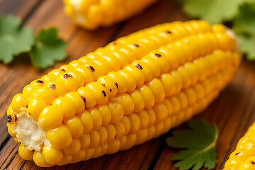 Golden yellow corn on the cob close up showing fresh organic kernels and natural texture
