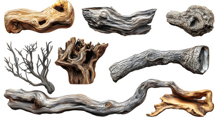 Fototapeta premium Set of dry tree branches and driftwood, realistic 3D, isolated on white background