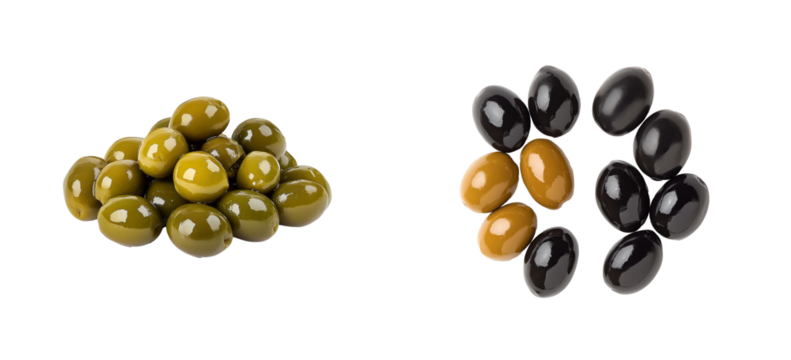 Green olives, black olives assortment, healthy mediterranean appetizer , cut out transparent