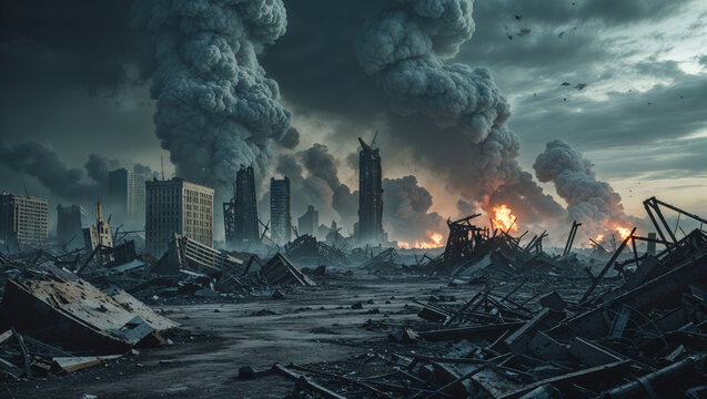 A desolate cityscape shows a scene of devastation after a massive explosion and inferno.
