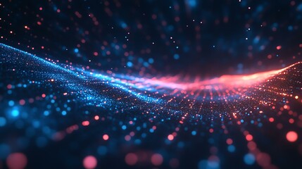 Obraz premium A mesmerizing digital landscape of blue and red particles flowing, creating a vibrant visualization of data movement.