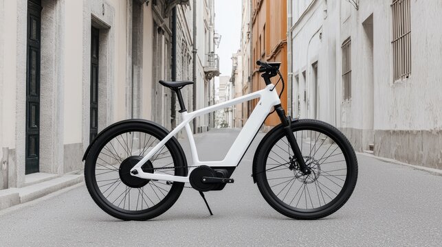 Sleek white e-bike in urban alleyway