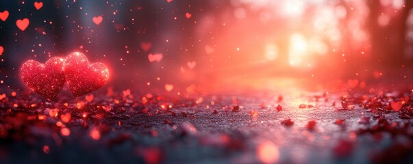Obraz premium Romantic Valentine Background with Soft Hearts and Bokeh Lights in Red and Pink Tones