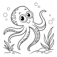 Smiling Cartoon Octopus in an Ocean Scene Coloring Page for Kids