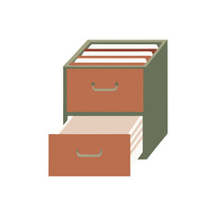 Open file cabinet with green and brown drawers displaying folders  
