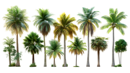 Set of palm trees in various shapes and sizes, realistic 3D, isolated on white background