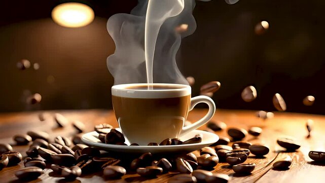 Steaming coffee cup with roasted beans and morning sunlight on table