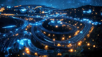 Futuristic Highway Interchange at Night with Glowing Lights and Modern Design