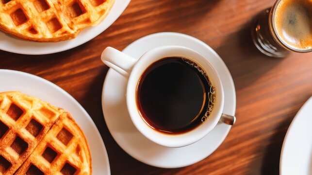 Delicious breakfast scene featuring waffles and coffee on a wooden table, perfect for morning enjoyment