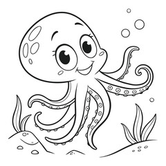 Smiling Cartoon Octopus in an Ocean Scene Coloring Page for Kids