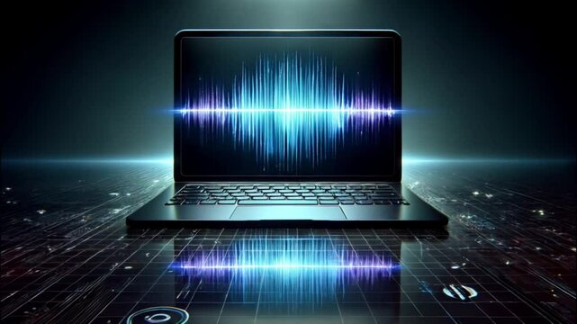 High-tech laptop in dark space with neon blue waves glowing from its screen
